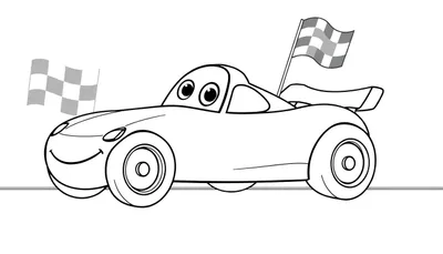 Dibujo lineal de un coche de carreras sonriente, listo para colorear, con una placa de color de bandera a cuadros en la parte delantera y trasera.
