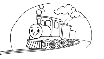 Placa de color de un tren de dibujos animados sonriente saliendo de un túnel.