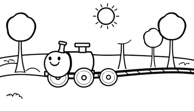 Tren de juguete sonriente en una placa de color rodeado de árboles y sol.