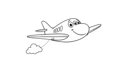 Avión amigable para colorear con cara sonriente, ojos grandes y nubes