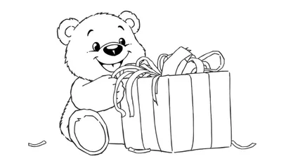 Osito de peluche feliz abriendo un regalo envuelto en una placa de color.