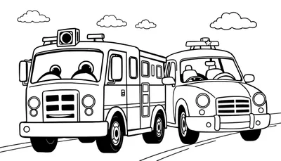Un camión de bomberos y un coche de policía con caras amigables en una página para colorear de placa de color.