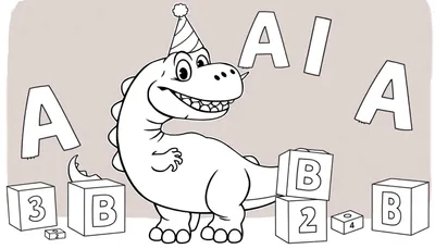 Página para colorear de un dinosaurio amigable con un sombrero de fiesta, rodeado de letras y números, lista para pintar.