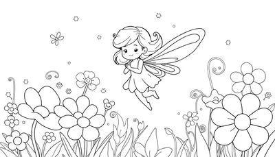 Placa de color de un hada volando con alas delicadas sobre un campo de flores, con estrellas y círculos en el cielo.