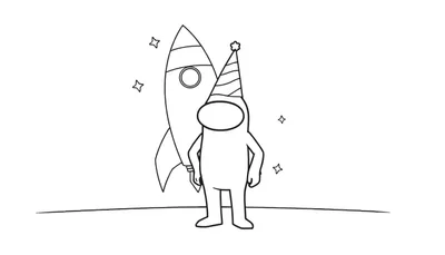 Un personaje de Among Us con sombrero de fiesta, listo para una misión espacial, sobre una placa de color.