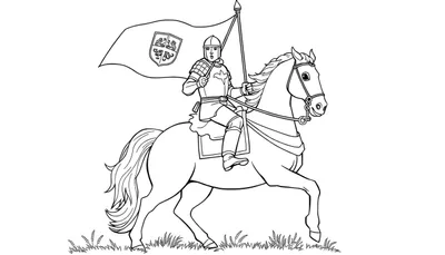 Dibujo de un caballero español en armadura brillante sobre un caballo blanco, sosteniendo una bandera, con pasto abajo. Listo para colorear.