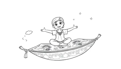 Niño feliz en una alfombra mágica volando con estrellas y una nube de pensamiento musical. Placa de color para colorear.