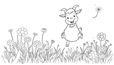 Placa de color: cabrito saltando en un campo de flores.
