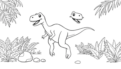 Placa de color de un dinosaurio feliz con dientes afilados.