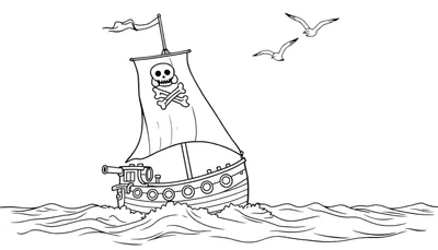 Un barco pirata listo para colorear en blanco y negro, con una calavera en la vela y gaviotas volando, sobre una placa de color para pintar.