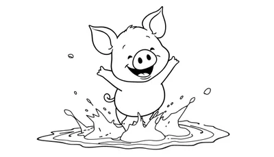 Placa de color de un cerdito feliz chapoteando en un charco.