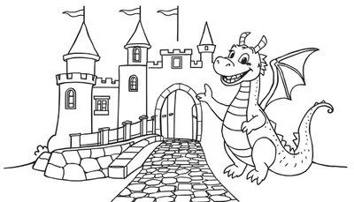 Placa de color: Dragón amigable saludando frente a un castillo.