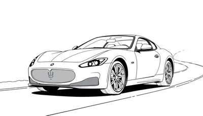 Página para colorear con la placa de color de un Maserati GranTurismo blanco, diseñado con líneas para colorear.