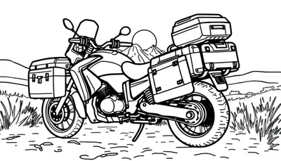 Una motocicleta de aventura lista para colorear, con la placa de color lista para ser imaginada.