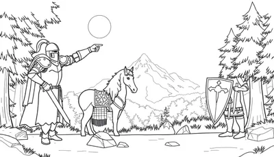 Dibujo de caballeros medievales y un caballo, listo para colorear. Placa de color.