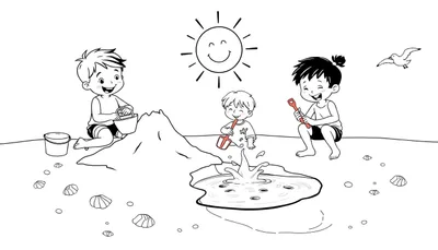 Un dibujo en blanco y negro de una escena de playa con tres niños jugando, un sol sonriente y conchas marinas. Es una placa de color esperando ser pintada.