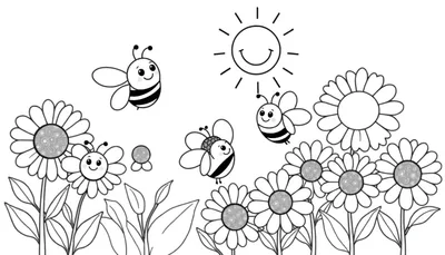 Placa de color de un sol sonriente, abejas amigables y flores de margarita.