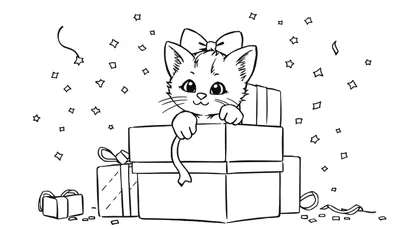 Un gatito lindo asoma por una pila de regalos con un lazo en la cabeza, listo para una aventura en esta placa de color.