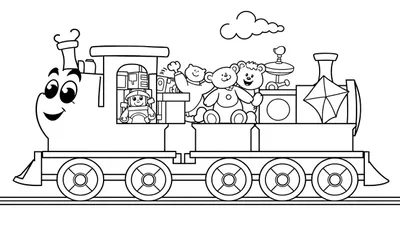 Un tren de juguete sonriente con vagones llenos de ositos de peluche y una figura de conductor, sobre vías, listo para ser coloreado.