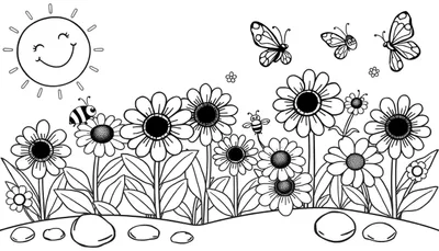 Placa de color de un sol sonriente sobre un campo de flores y mariposas.