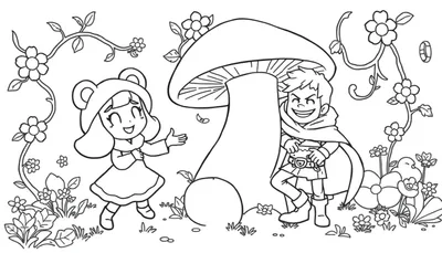 Página para colorear de Nita y León en un bosque mágico, con una gran seta, Nita saludando y León con los brazos cruzados, rodeados de flores y vegetación.