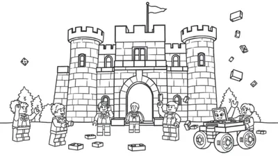 Una página para colorear en blanco y negro con un castillo de LEGO y figuras de LEGO jugando con ladrillos de colores.