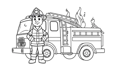 Bombero sonriendo con las manos en las caderas frente a un camión de bomberos con una placa de color, listo para apagar un pequeño fuego sobre el camión.