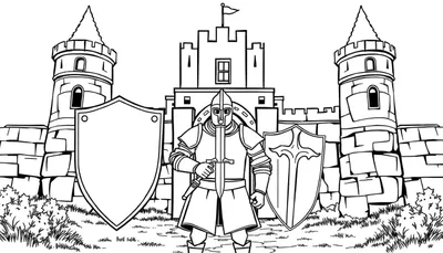 Un caballero en armadura con espada frente a un castillo en blanco y negro, listo para colorear en una placa de color.