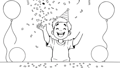 Placa de color de un niño sonriente lanzando confeti en su fiesta de cumpleaños.