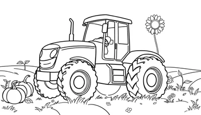 Un tractor de libro para colorear con calabazas y un girasol.