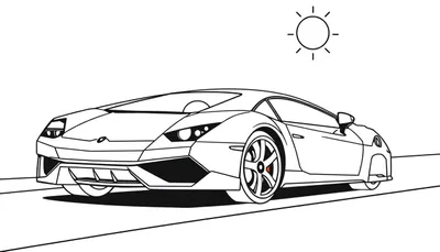 Un coche deportivo Lamborghini listo para colorear, con líneas gruesas y sencillas, y una placa de color al lado.