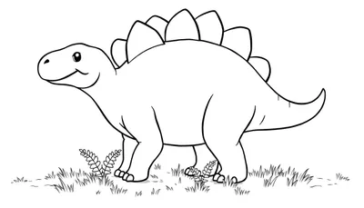 Un Estegosaurio de caricatura sonriente con grandes placas dorsales, listo para ser coloreado, en un prado.