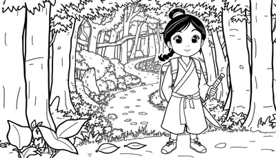 Una placa de color de Mulan lista para la aventura en un bosque.
