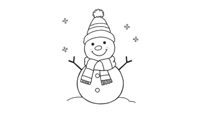 Página para colorear en blanco y negro de un muñeco de nieve amigable con sombrero a rayas y bufanda, parado sobre nieve, con copos de nieve de fondo. Placa de color.