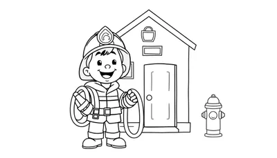 Un bombero de dibujos animados sonriente listo para colorear con un casco, una manguera y una pequeña casa detrás. Lleva una placa de color en su uniforme.