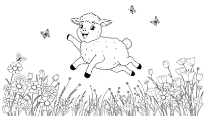 Un corderito de dibujo lineal salta en un campo de flores, con mariposas revoloteando. Esta es una placa para colorear.