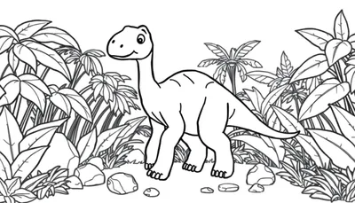 Un dibujo lineal en blanco y negro de un pequeño Braquiosaurio amigable caminando en una selva, listo para colorear, para niños.