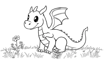 Un dibujo lineal de un dragón amigable, listo para ser coloreado, sentado en un campo de hierba, con una placa de color visible.