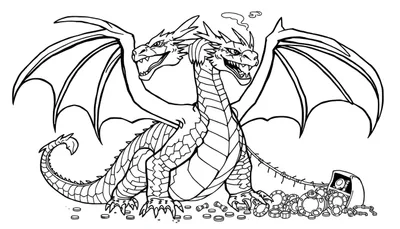 Dibujo de un dragón de dos cabezas listo para colorear, con escamas detalladas y alas anchas, frente a una pila de monedas y una máquina tragaperras rota. Placa de color.