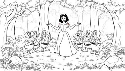 Placa de color de Blancanieves y los 7 enanitos cantando en el bosque.