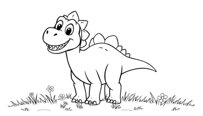 Estegosaurio de dibujos animados con placas de color en la espalda, sonriendo en un campo de flores.