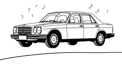 Un coche Mercedes-Benz clásico en blanco y negro con notas musicales flotando.