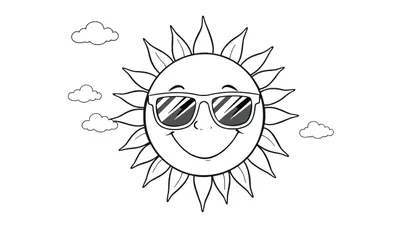 Página para colorear de un sol sonriente con gafas de sol, una placa de color para colorear.