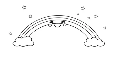 Una placa de color de un arcoíris sonriente con nubes y estrellas.