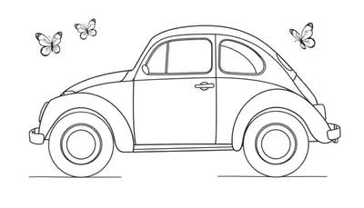Un dibujo de un Volkswagen escarabajo clásico listo para colorear, con tres mariposas revoloteando cerca, todo en una placa de color para pintar.