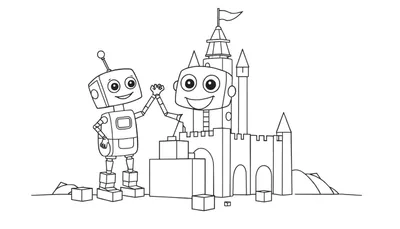 Un pequeño robot con antena da la mano a un robot más grande que está en lo alto de un castillo de bloques. Página para colorear de una placa de color.