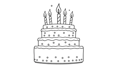 Dibujo de una placa de color de pastel de cumpleaños de tres pisos con velas encendidas y estrellas.