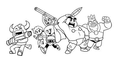 Página para colorear de Brawl Stars con cinco personajes de dibujos animados en blanco y negro en poses de acción, incluyendo un vikingo, una heroína, un personaje con túnica, un guerrero y un rey.