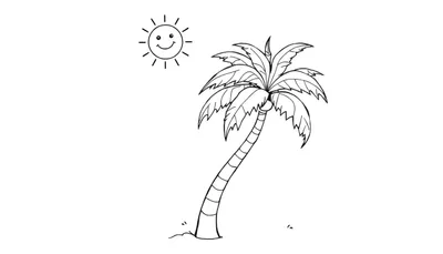 Una página para colorear en blanco y negro de una palmera bailando bajo un sol sonriente. La palmera tiene un tronco con anillos y hojas puntiagudas. El suelo tiene marcas que sugieren arena.
