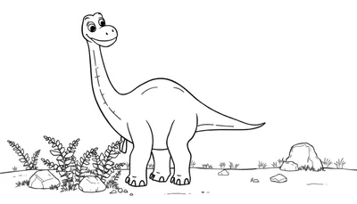 Un dibujo lineal en blanco y negro de un Braquiosaurio amigable sonriendo con una placa de color.